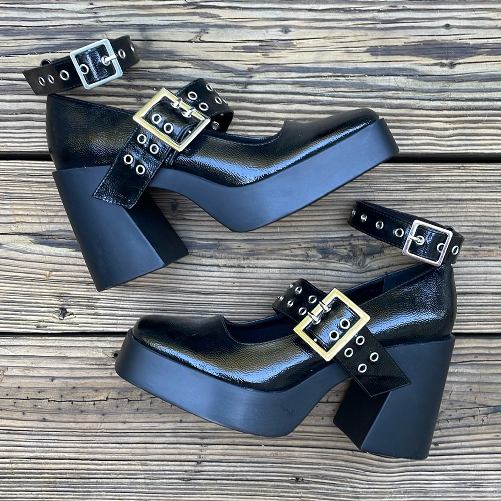 Black Faux Leather Grommets Mary Jane Platform Heels